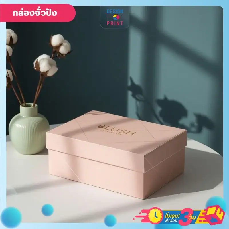 กล่องจัวปัง สีชมพู ดีไซน์เรียบง่าย พร้อมพิมพ์โลโก้ BLUSH วางอยู่บนโต๊ะสีขาว พื้นหลังสีน้ำเงิน