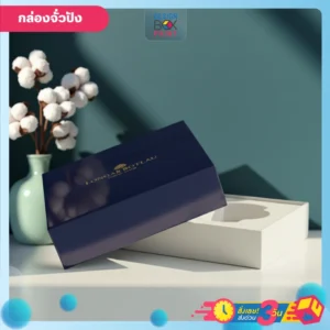 กล่องจั่วปังสีน้ำเงินเข้ม เปิดฝาแสดงด้านในสีขาว ข้างแจกันก้านฝ้ายสีเขียว บนพื้นหลังสีน้ำเงิน