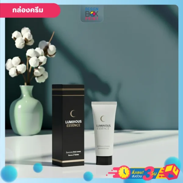 รับผลิตกล่องครีม สีดำ หรูหรา พร้อมพิมพ์โลโก้และลวดลายสีทอง พื้นหลังสีน้ำเงิน