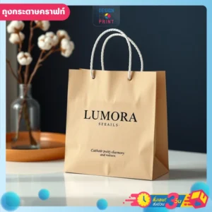 ถุงกระดาษคราฟท์ สีน้ำตาล ดีไซน์เรียบง่าย พร้อมพิมพ์โลโก้ วางอยู่บนโต๊ะสีขาว พื้นหลังสีน้ำเงิน