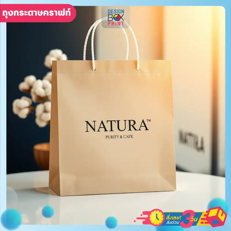 ถุงกระดาษน้ำตาล ออกแบบเรียบง่าย พิมพ์โลโก้ NATURA สีดำ มีหูหิ้วเชือกถักสีขาว วางอยู่บนพื้นสีขาว