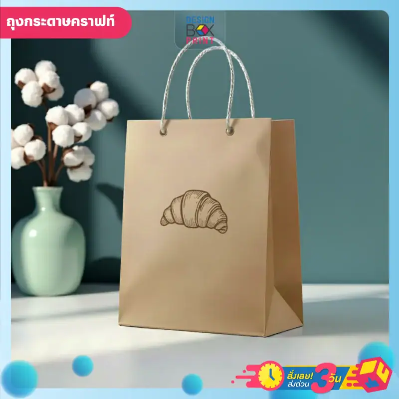 ถุงกระดาษคราฟท์ สีน้ำตาล ออกแบบแนว bakery โลโก้รูปครัวซอง พร้อมหูหิ้วถักเปียสีขาว