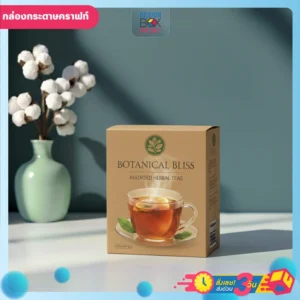 กล่องกระดาษคราฟท์ สีน้ำตาล พิมพ์ลวดลาย ชาสมุนไพร พร้อมพิมพ์โลโก้และชื่อแบรนด์ สวยหรูทันสมัย
