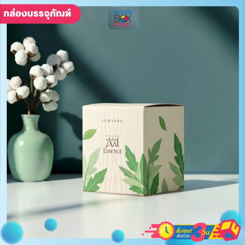 กล่องบรรจุภัณฑ์ LEMSANG ZAI Essence สีน้ำตาลลายใบไม้ ข้างแจกันดอกฝ้ายพื้นหลังน้ำเงินเข้ม