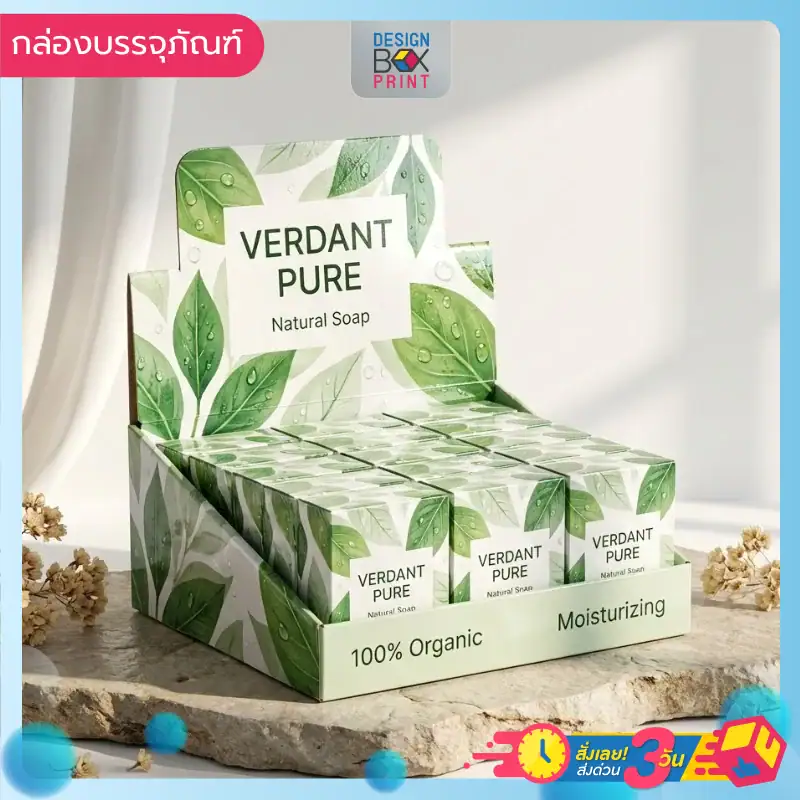 กล่องดิสเพลย์สบู่ Verdant Pure สูตรออร์แกนิค ลายใบไม้สีเขียวสดชื่น