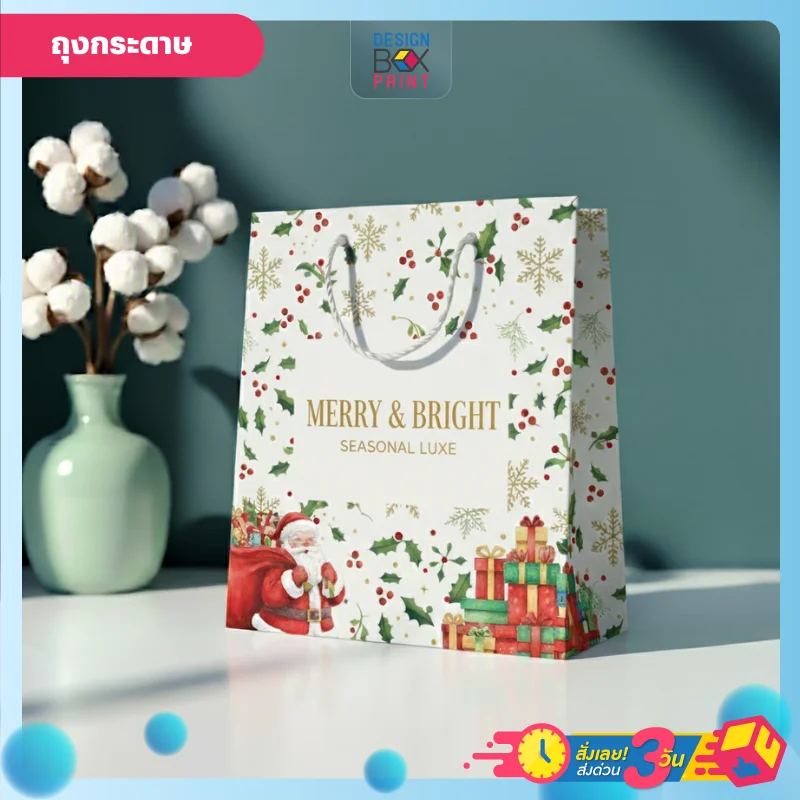 ถุงกระดาษ สีขาว ออกแบบลวดลาย ซานต้าคลอสและกล่องของขวัญสีแดง พร้อมหูหิ้วเชือกเปียสีขาว