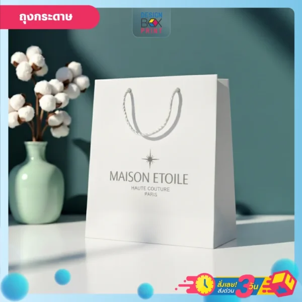 ถุงกระดาษ สึขาว ดีไซน์เรียบหรุูและทันสมัย พร้อมพิมพ์ชื่อแบรนด์และโลโก้ จัดวางอยู่บนพื้นสีขาว