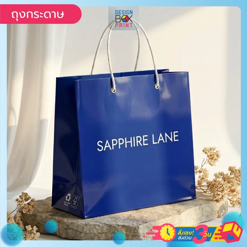 ถุงกระดาษแบรนด์ Sapphire Lane สีน้ำเงินเข้มมันวาว สไตล์หรูหราทันสมัย