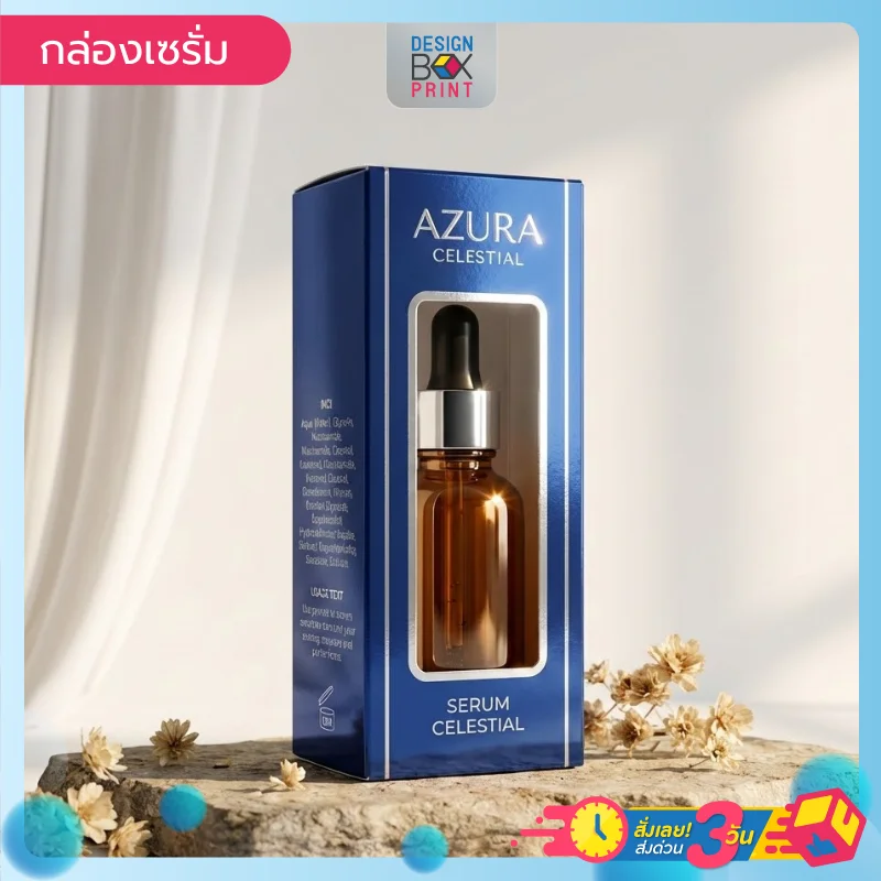 กล่องเซรั่ม Azura Celestial สีน้ำเงินเจาะหน้าต่างโชว์ขวดแก้วสีชาด้านใน