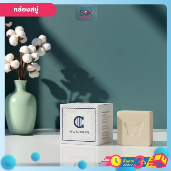 กล่องสบู่ สีขาว ลวดลายสีน้ำเงิน พร้อมพิมพ์โลโก้และชื่อแบรนด์ วางคู่กับก้อนสบู่ อยู่บนพื้นสีขาว