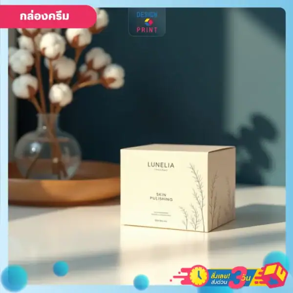 โรงพิมพ์กล่องครีมคุณภาพ กล่อง Lunelia Skin Polishing สีครีมลายหญ้า บนโต๊ะไม้ข้างแจกันฝ้าย