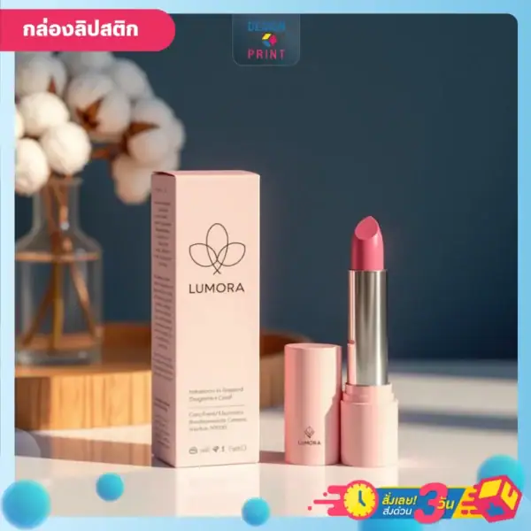 รับผลิตกล่องลิปสติก สีชมพูพาสเทล ดีไซน์หรูหรา วางอยู่บนโต๊ะสีขาว ในห้องนั้งเล่น