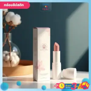 โรงพิมพ์กล่องลิปสติก ดีไซน์เรียบหรู ออกแบบแนวมินิมอล พร้อมพิมพ์โลโก้ วางคู่กับแท่งลิปสติก