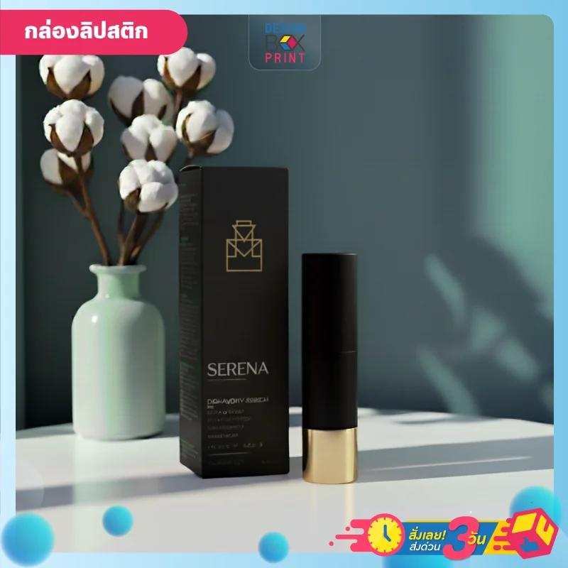 กล่องลิปสติกพรีเมียม ออกแบบเรียบหรู พร้อมพิมพ์โลโก้ สีทอง และชื่อแบรนด์ SERENA วางคู่กับแท่งลิปสติก