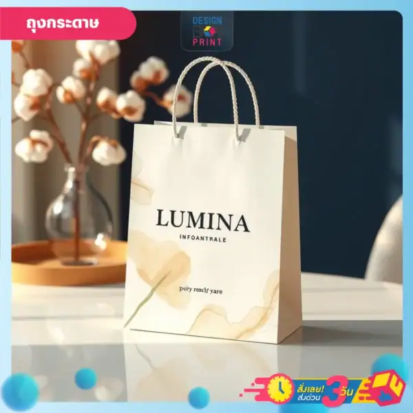 ผลิตถุงกระดาษใส่สินค้าคุณภาพ พิมพ์โลโก้ Lumina สีครีมลายดอกไม้ บนโต๊ะไม้ข้างแจกัน