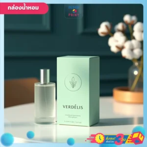 กล่องน้ำหอม สีเขียวมิ้น ดีไซน์เรียบหรู พร้อมพิมพ์โลโก้ มีขวดน้ำหอมวางอยู่ข้างๆกล่อง