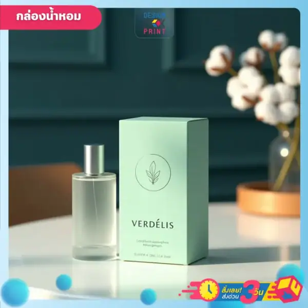 กล่องน้ำหอม สีเขียวมิ้น ดีไซน์เรียบหรู พร้อมพิมพ์โลโก้ มีขวดน้ำหอมวางอยู่ข้างๆกล่อง