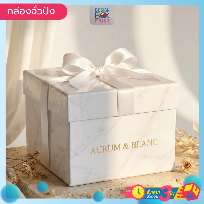 กล่องจั่วปัง ของขวัญลายหินอ่อน AURUM & BLANC ผูกริบบิ้นซาตินสีขาวหรูหรา