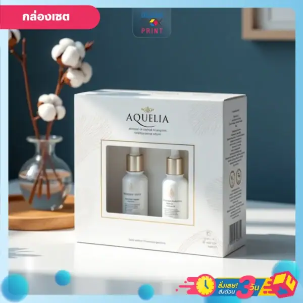 รับผลิตกล่องเซตคุณภาพสูง ชุดเซ็ต Aquelia ในกล่องมีขวดเซรั่ม 2 ขวด บนโต๊ะไม้ข้างแจกันฝ้าย