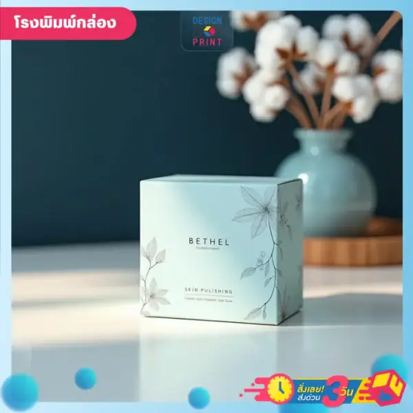 โรงพิมพ์กล่องคุณภาพ กล่อง Bethel Skin Polishing สีเขียวอ่อน ลายใบไม้ บนโต๊ะไม้ข้างแจกันฝ้าย