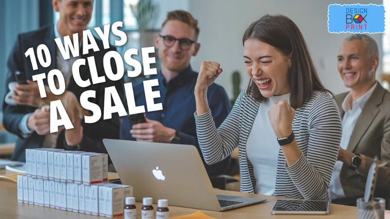 หญิงสาวแสดงความดีใจขณะนั่งอยู่หน้าคอมพิวเตอร์ MacBook พร้อมข้อความ 10 Ways to Close a Sale และกล่องสินค้าเรียงอยู่บนโต๊ะ