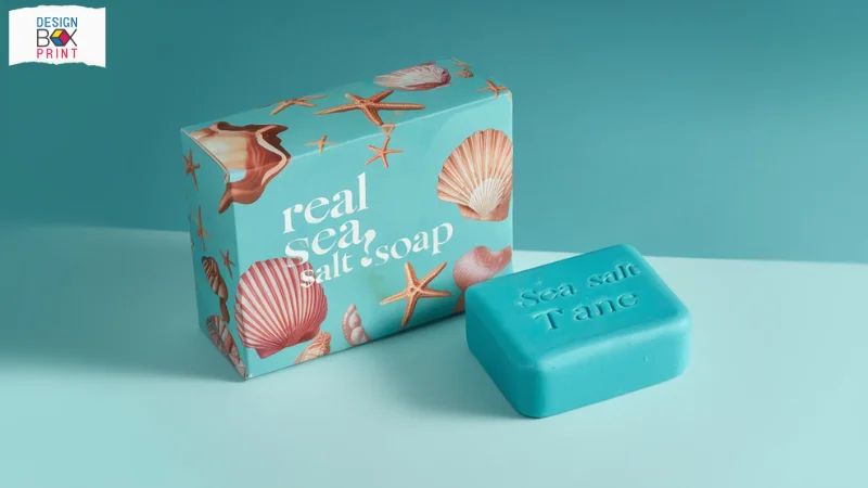 กล่องสบู่ทะเล real sea salt soap พร้อมสบู่สีฟ้า วางบนพื้นหลังโทนสีเดียวกัน