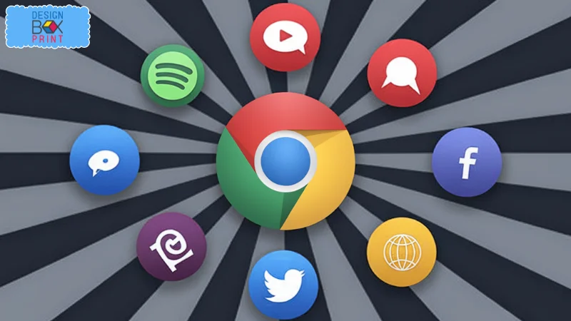 โลโก้ Google Chrome รายล้อมด้วยไอคอนของสื่อสังคมออนไลน์ เช่น Facebook, Twitter, และ YouTube