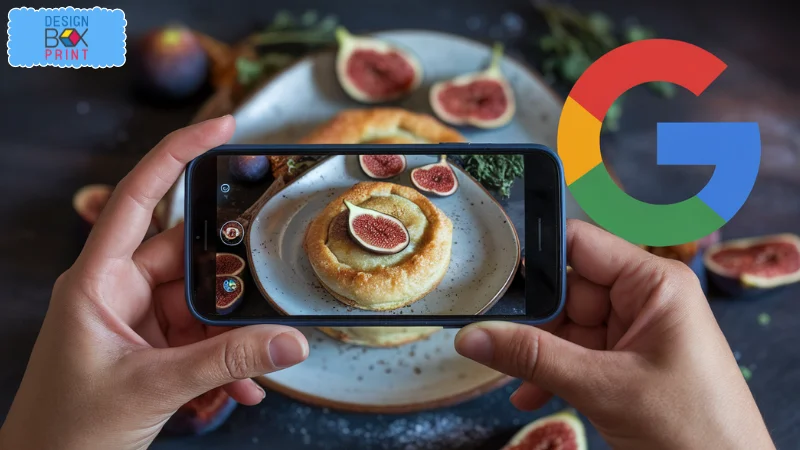 การถ่ายรูปอาหารฟิกด้วยโทรศัพท์มือถือพร้อมโลโก้ Google ด้านข้าง