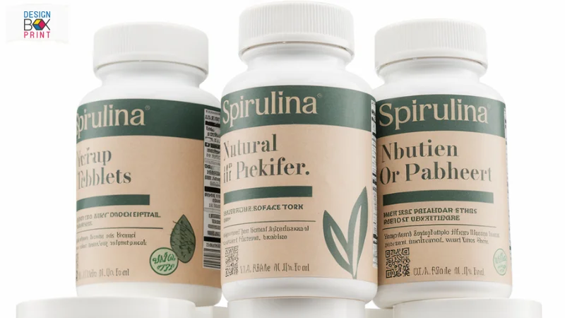 ขวดผลิตภัณฑ์ Spirulina อาหารเสริมธรรมชาติ ที่มีฉลากบอกส่วนผสมและคุณประโยชน์ เช่น ช่วยเสริมโภชนาการและบำรุงร่างกาย ด้วยดีไซน์เรียบง่ายและเป็นมิตรต่อสิ่งแวดล้อม