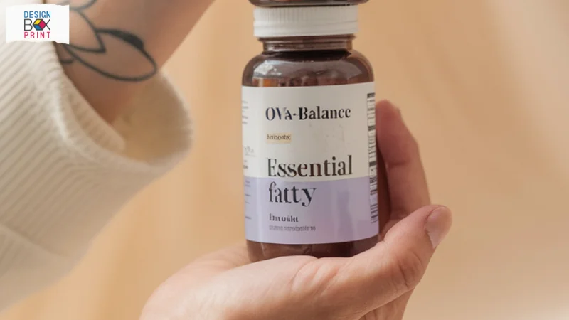 ขวด Essential Fatty OVA-Balance บนมือของผู้หญิง เพื่อแสดงความน่าเชื่อถือและประโยชน์ในการดูแลสุขภาพด้วยสารอาหารที่จำเป็น พร้อมดีไซน์ฉลากที่โดดเด่น